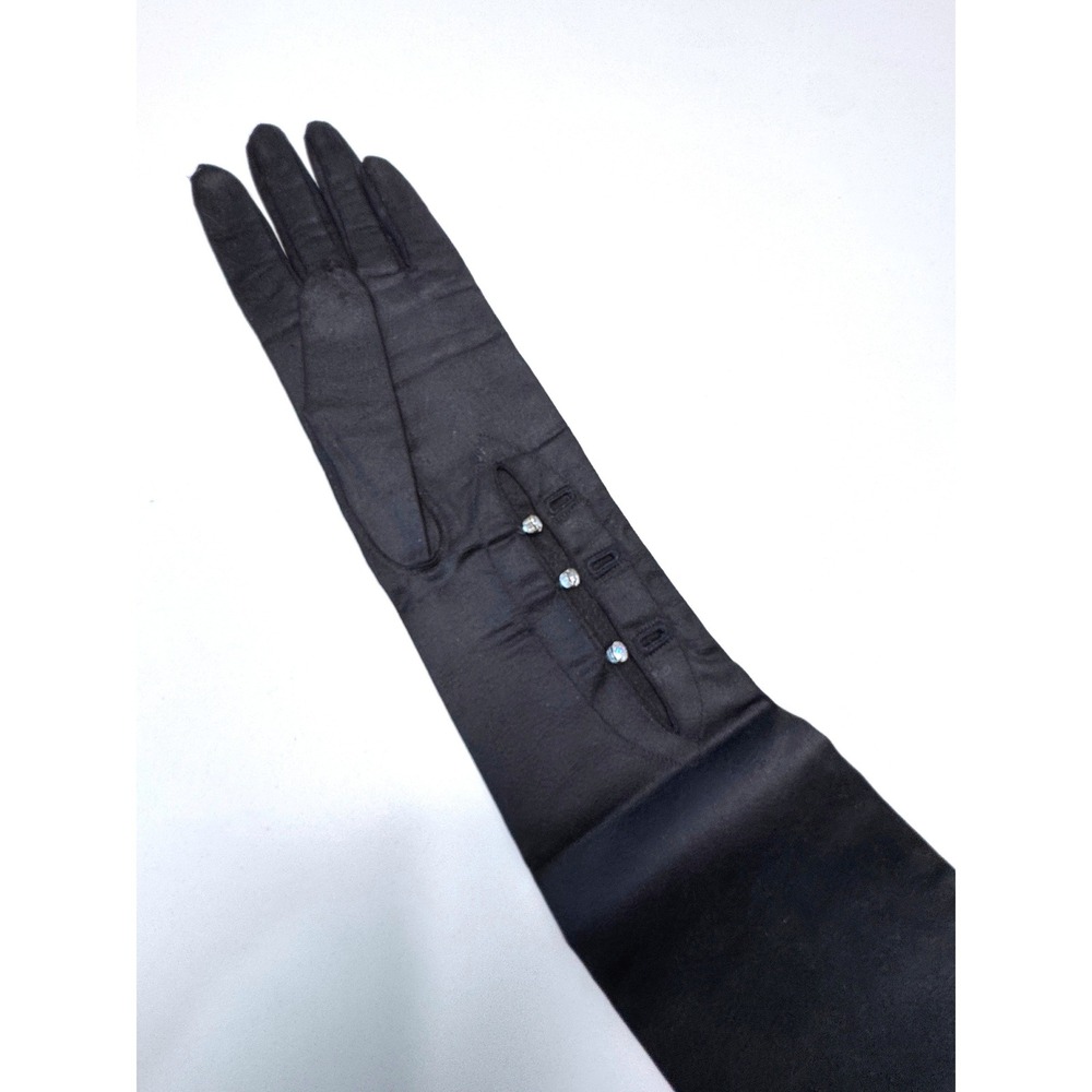 Vtg Black Opera Length Gloves Satin Stretch Rhinestone Buttons West Germany
